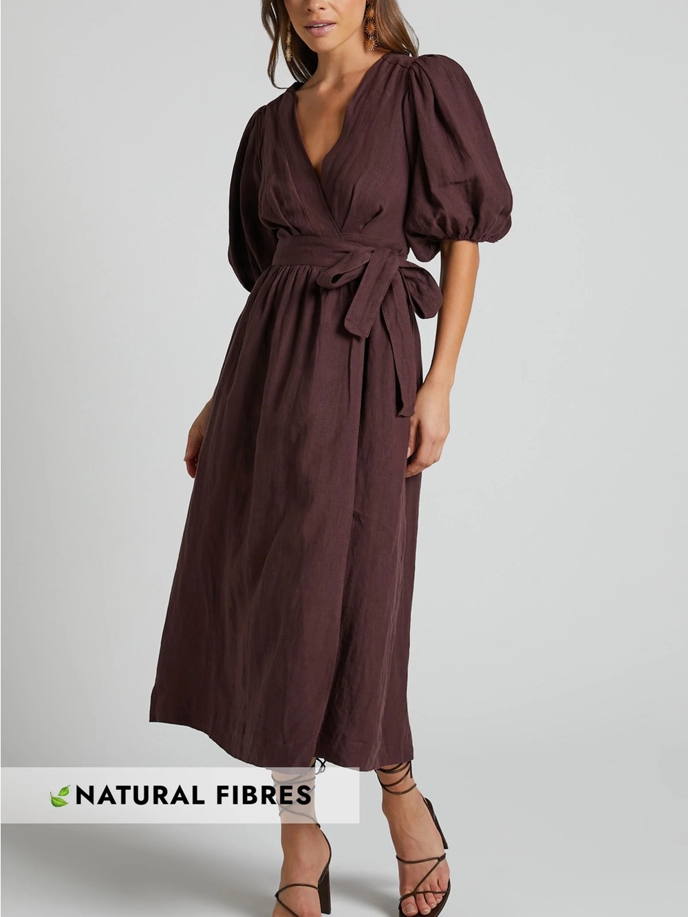 AMALIE THE LABEL - FRANC LINEN PUFF SLEEVE WRAP MIDI DRESS IN DARK PLUM